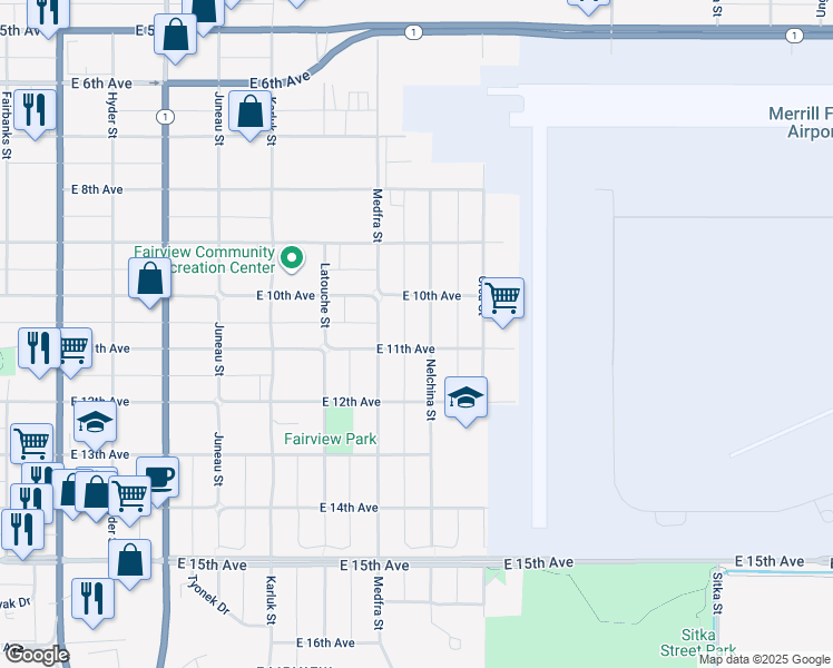 map of restaurants, bars, coffee shops, grocery stores, and more near 1036 Nelchina St in Anchorage