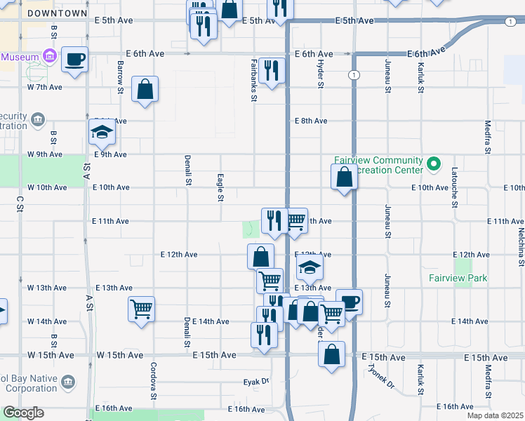map of restaurants, bars, coffee shops, grocery stores, and more near 615 East 11th Avenue in Anchorage