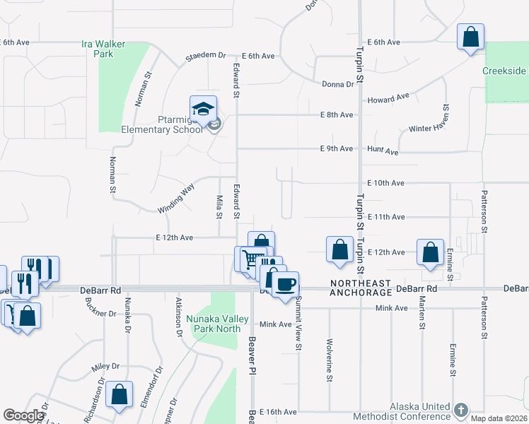 map of restaurants, bars, coffee shops, grocery stores, and more near 1021 Bentree Circle in Anchorage