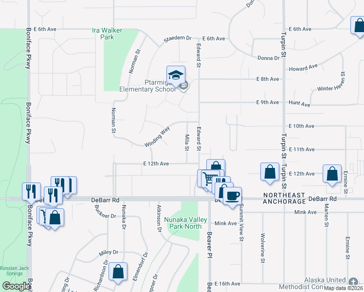 map of restaurants, bars, coffee shops, grocery stores, and more near 1108 Mila Street in Anchorage