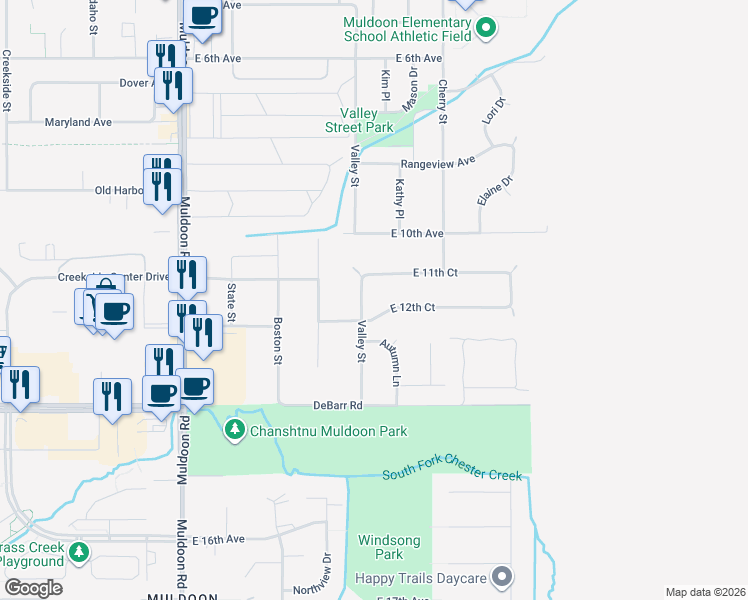 map of restaurants, bars, coffee shops, grocery stores, and more near 1131 Valley Street in Anchorage