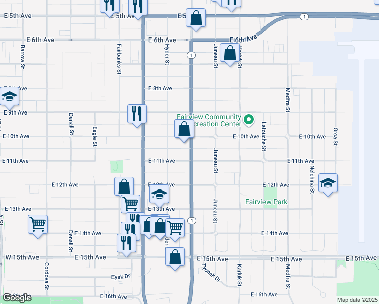 map of restaurants, bars, coffee shops, grocery stores, and more near 1043 Ingra Street in Anchorage