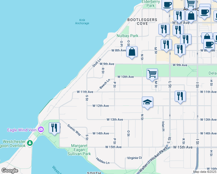 map of restaurants, bars, coffee shops, grocery stores, and more near 1015 Beech Lane in Anchorage