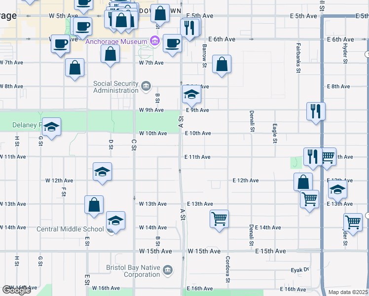 map of restaurants, bars, coffee shops, grocery stores, and more near 1033 A St in Anchorage
