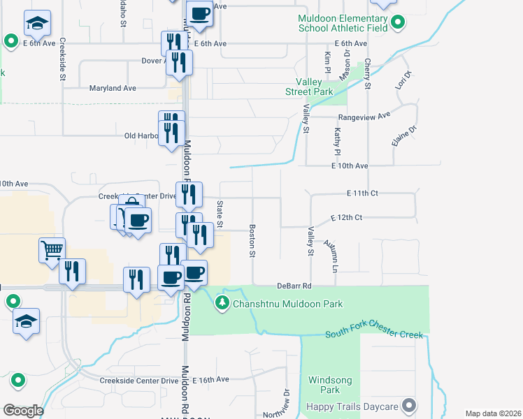 map of restaurants, bars, coffee shops, grocery stores, and more near 1111 Boston Street in Anchorage