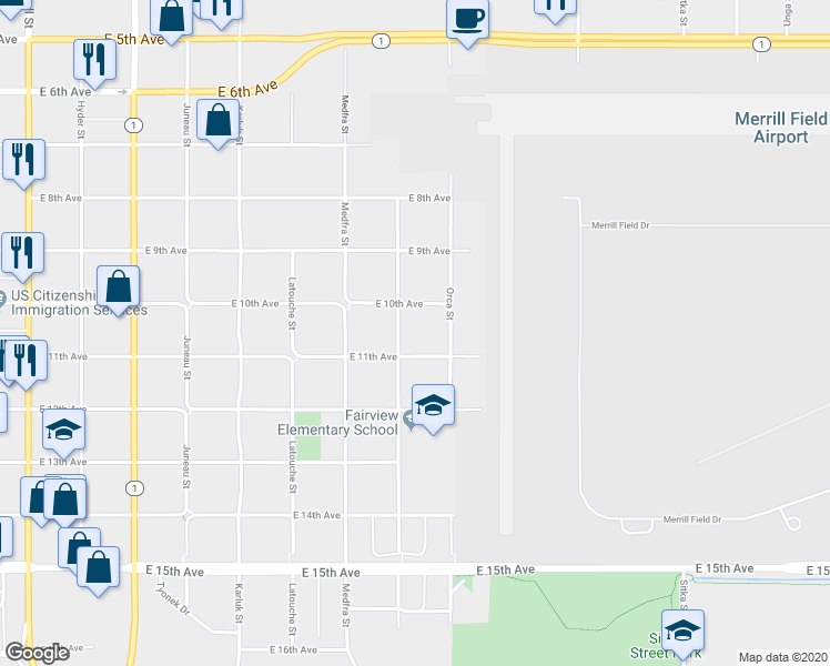map of restaurants, bars, coffee shops, grocery stores, and more near 1027 Nelchina Street in Anchorage
