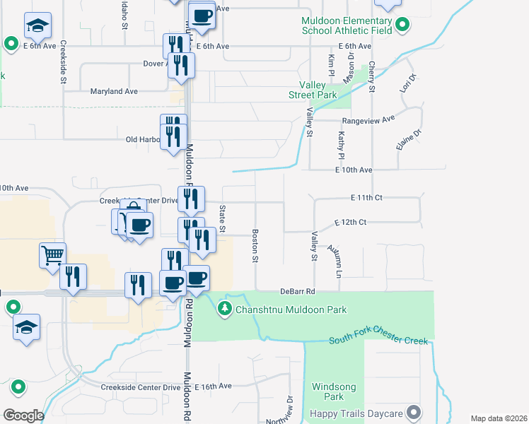 map of restaurants, bars, coffee shops, grocery stores, and more near 1111 Boston Street in Anchorage