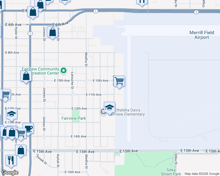 map of restaurants, bars, coffee shops, grocery stores, and more near 1027 Nelchina Street in Anchorage