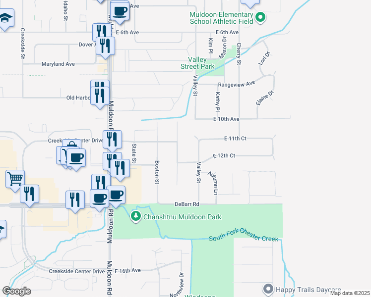 map of restaurants, bars, coffee shops, grocery stores, and more near 1111 Friendly Lane in Anchorage