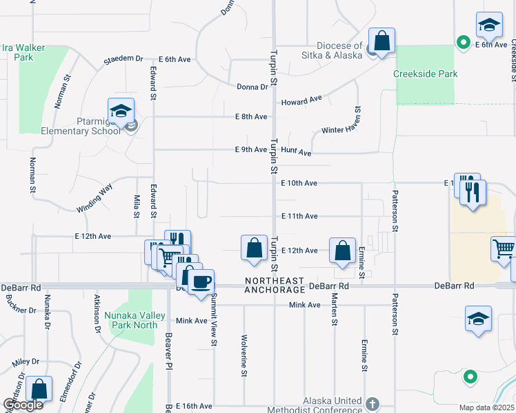 map of restaurants, bars, coffee shops, grocery stores, and more near 6615 E 11th Ave in Anchorage