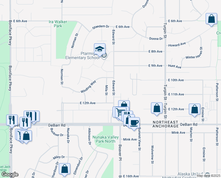 map of restaurants, bars, coffee shops, grocery stores, and more near 1108 Mila Street in Anchorage