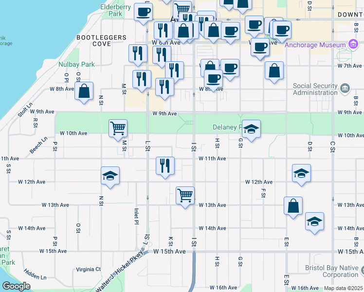 map of restaurants, bars, coffee shops, grocery stores, and more near 923 West 11th Avenue in Anchorage