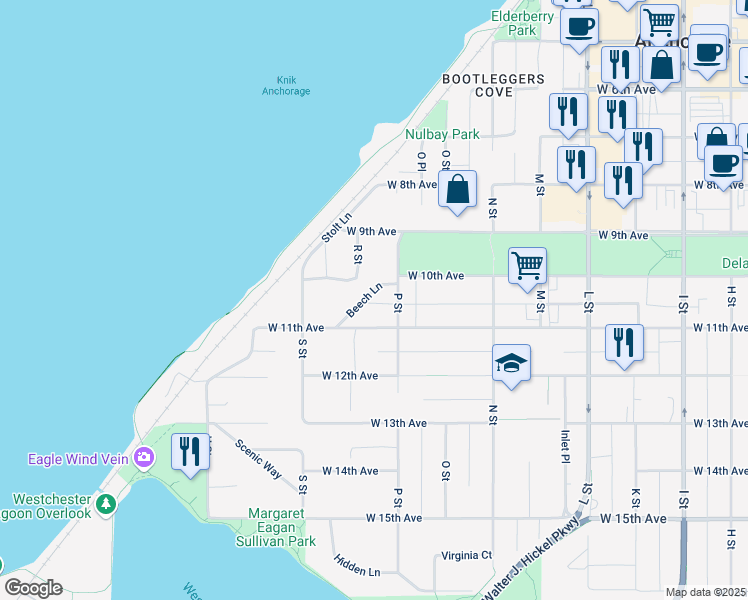 map of restaurants, bars, coffee shops, grocery stores, and more near 1015 Beech Lane in Anchorage