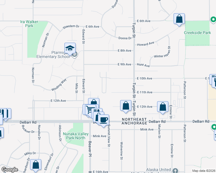 map of restaurants, bars, coffee shops, grocery stores, and more near 6456 East 10th Avenue in Anchorage