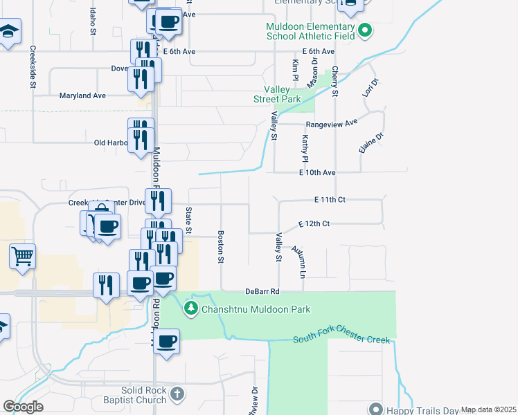 map of restaurants, bars, coffee shops, grocery stores, and more near 1111 Friendly Lane in Anchorage