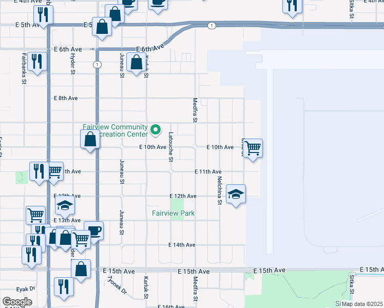 map of restaurants, bars, coffee shops, grocery stores, and more near 1255 East 11th Avenue in Anchorage