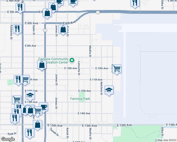 map of restaurants, bars, coffee shops, grocery stores, and more near 1255 East 11th Avenue in Anchorage