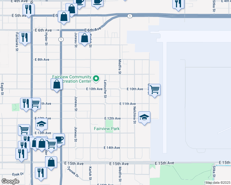 map of restaurants, bars, coffee shops, grocery stores, and more near 1255 East 11th Avenue in Anchorage