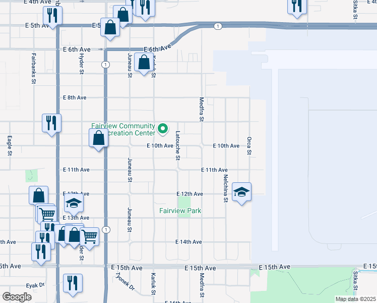 map of restaurants, bars, coffee shops, grocery stores, and more near 1023 Latouche Street in Anchorage