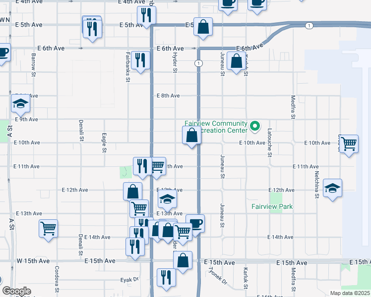 map of restaurants, bars, coffee shops, grocery stores, and more near 819 East 11th Avenue in Anchorage