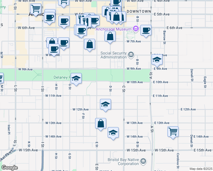 map of restaurants, bars, coffee shops, grocery stores, and more near 1001E E Street in Anchorage