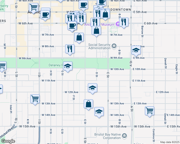 map of restaurants, bars, coffee shops, grocery stores, and more near 1001E E Street in Anchorage