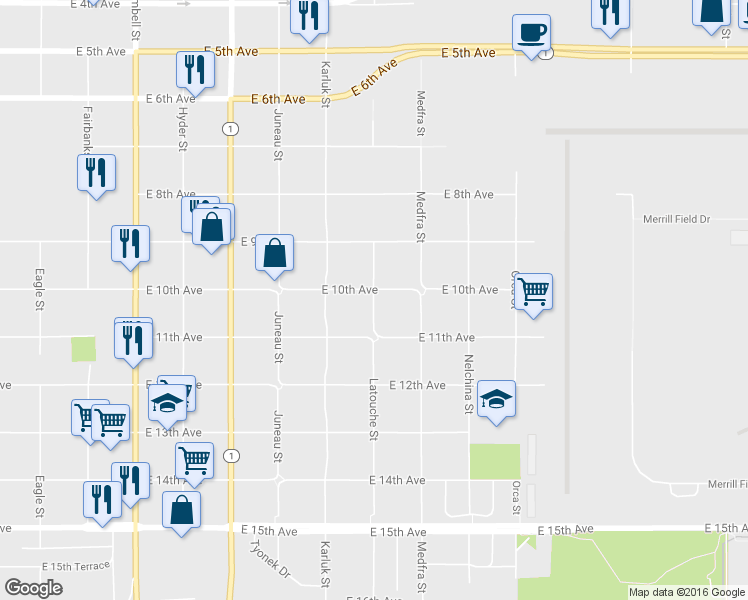 map of restaurants, bars, coffee shops, grocery stores, and more near 1023 Latouche Street in Anchorage