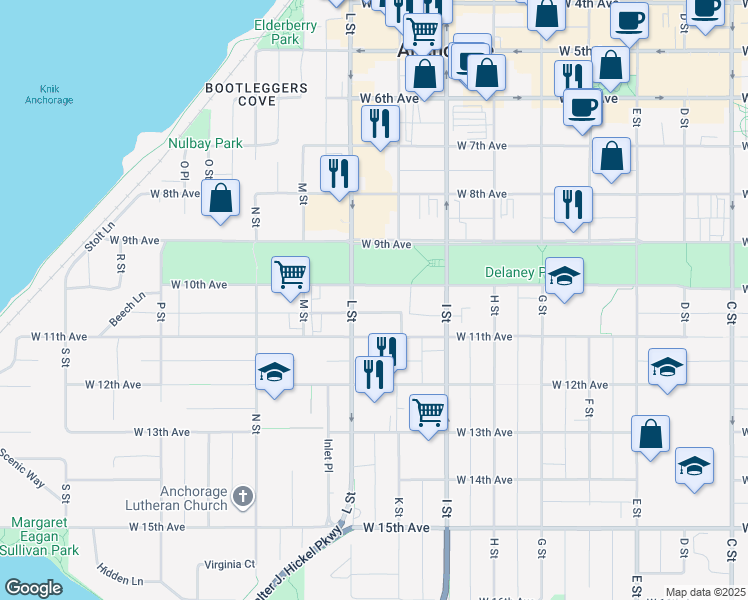 map of restaurants, bars, coffee shops, grocery stores, and more near 1025 West 11th Avenue in Anchorage