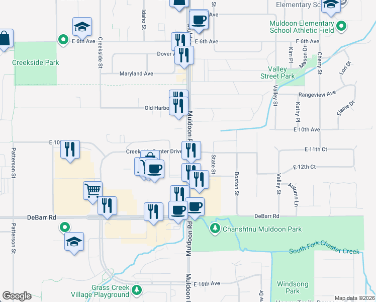 map of restaurants, bars, coffee shops, grocery stores, and more near Muldoon Rd & Creekside Center Drive in Anchorage