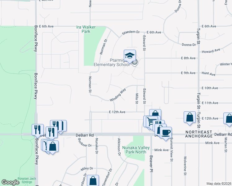 map of restaurants, bars, coffee shops, grocery stores, and more near 6025 Winding Way in Anchorage