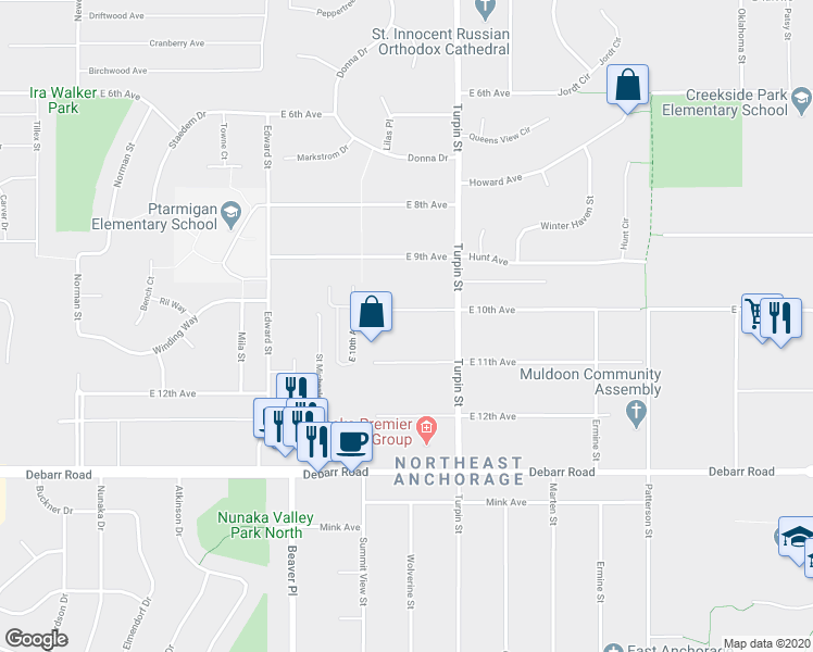 map of restaurants, bars, coffee shops, grocery stores, and more near 6521 East 11th Avenue in Anchorage