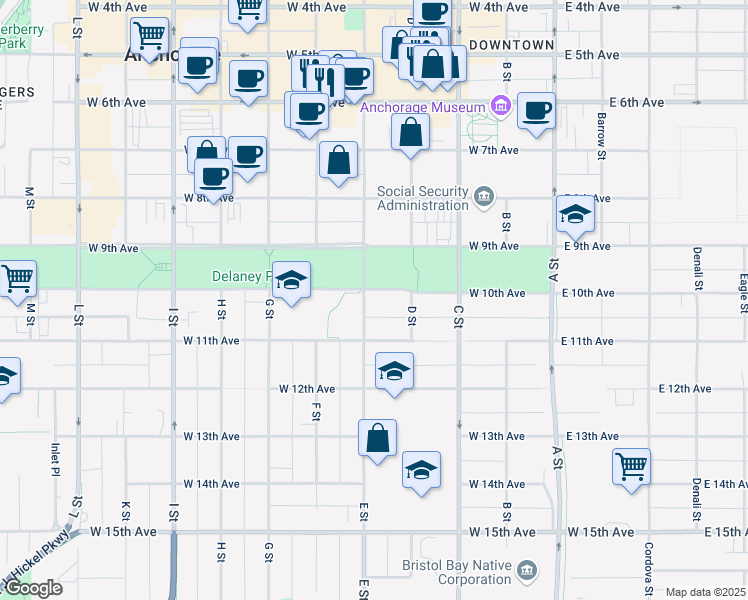 map of restaurants, bars, coffee shops, grocery stores, and more near 1001E E Street in Anchorage