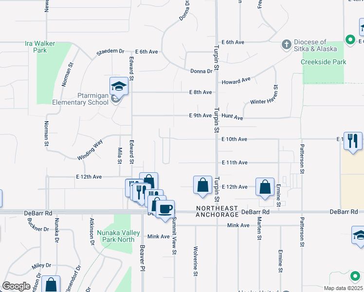 map of restaurants, bars, coffee shops, grocery stores, and more near 6521 East 11th Avenue in Anchorage