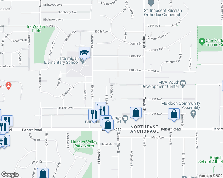 map of restaurants, bars, coffee shops, grocery stores, and more near 6402 East 10th Avenue in Anchorage