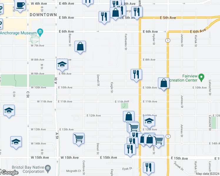 map of restaurants, bars, coffee shops, grocery stores, and more near 445 East 11th Avenue in Anchorage