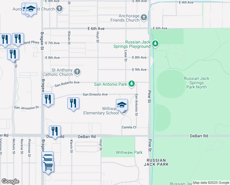 map of restaurants, bars, coffee shops, grocery stores, and more near 4400 San Ernesto Avenue in Anchorage