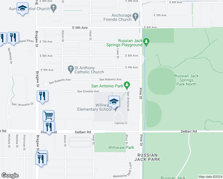 map of restaurants, bars, coffee shops, grocery stores, and more near 4433 San Ernesto Avenue in Anchorage