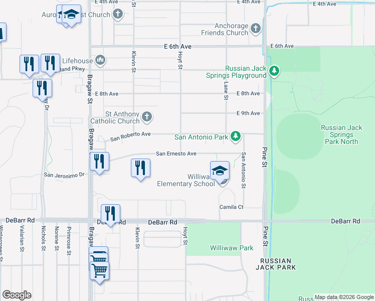 map of restaurants, bars, coffee shops, grocery stores, and more near 4333 San Ernesto Avenue in Anchorage