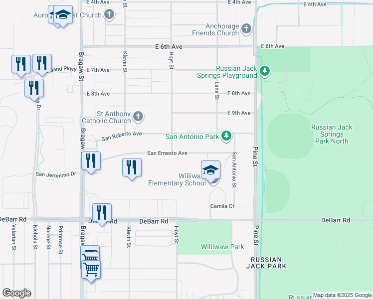map of restaurants, bars, coffee shops, grocery stores, and more near 4333 San Ernesto Avenue in Anchorage