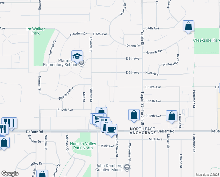map of restaurants, bars, coffee shops, grocery stores, and more near 6456 East 10th Avenue in Anchorage