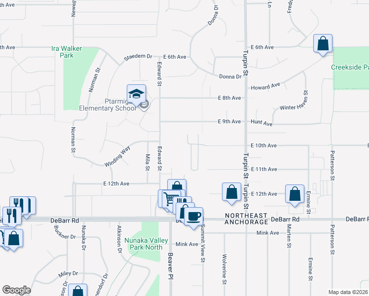 map of restaurants, bars, coffee shops, grocery stores, and more near 1021 Bentree Circle in Anchorage