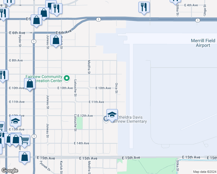 map of restaurants, bars, coffee shops, grocery stores, and more near 1027 Nelchina Street in Anchorage
