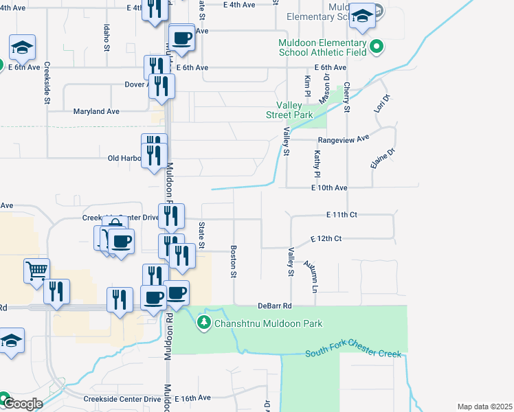map of restaurants, bars, coffee shops, grocery stores, and more near 905 Muldoon Road in Anchorage