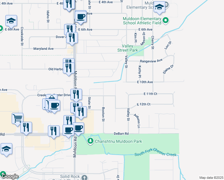 map of restaurants, bars, coffee shops, grocery stores, and more near 905 Muldoon Road in Anchorage