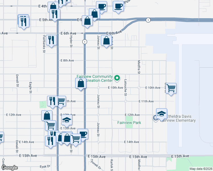 map of restaurants, bars, coffee shops, grocery stores, and more near 1036 East 9th Avenue in Anchorage