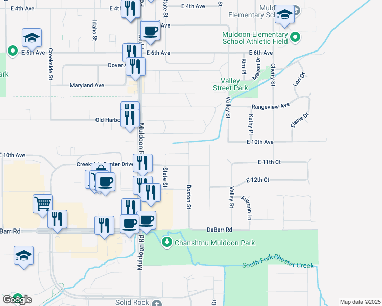 map of restaurants, bars, coffee shops, grocery stores, and more near 905 Muldoon Road in Anchorage