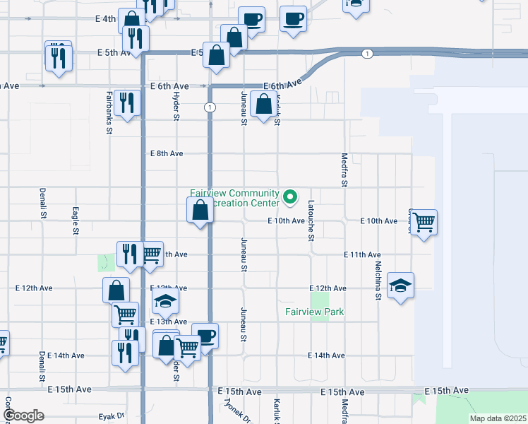 map of restaurants, bars, coffee shops, grocery stores, and more near 1036 East 9th Avenue in Anchorage
