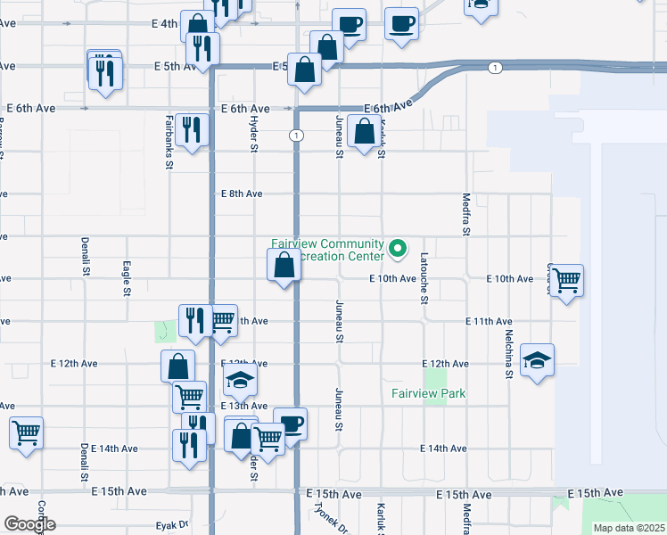 map of restaurants, bars, coffee shops, grocery stores, and more near in Anchorage