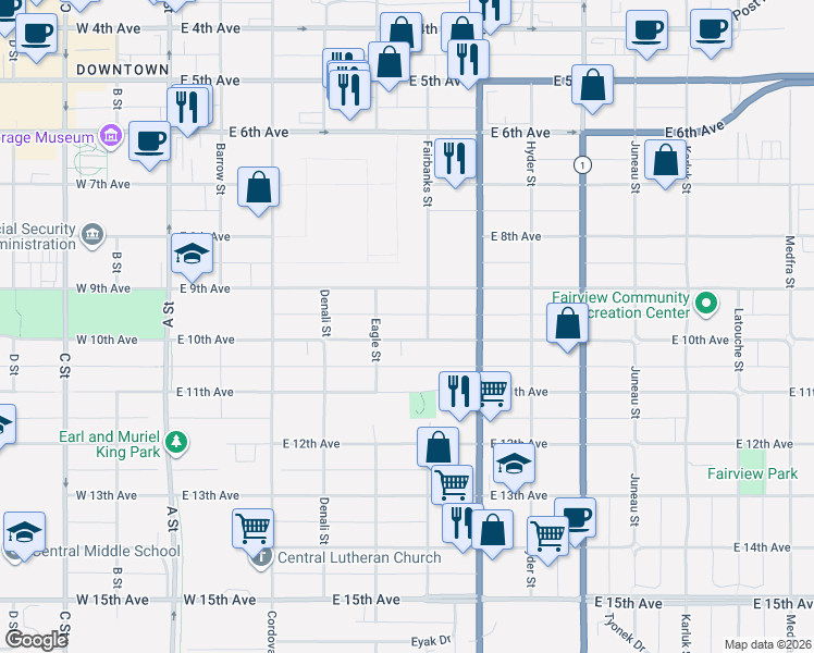 map of restaurants, bars, coffee shops, grocery stores, and more near 530 East 9th Avenue in Anchorage