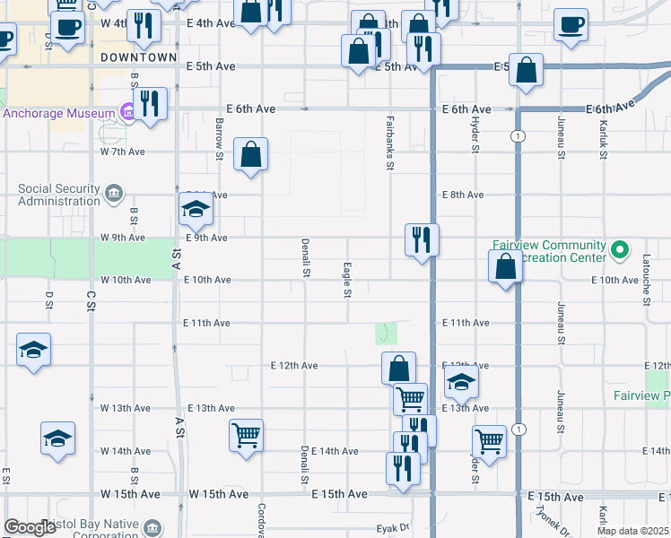 map of restaurants, bars, coffee shops, grocery stores, and more near 436 East 9th Avenue in Anchorage